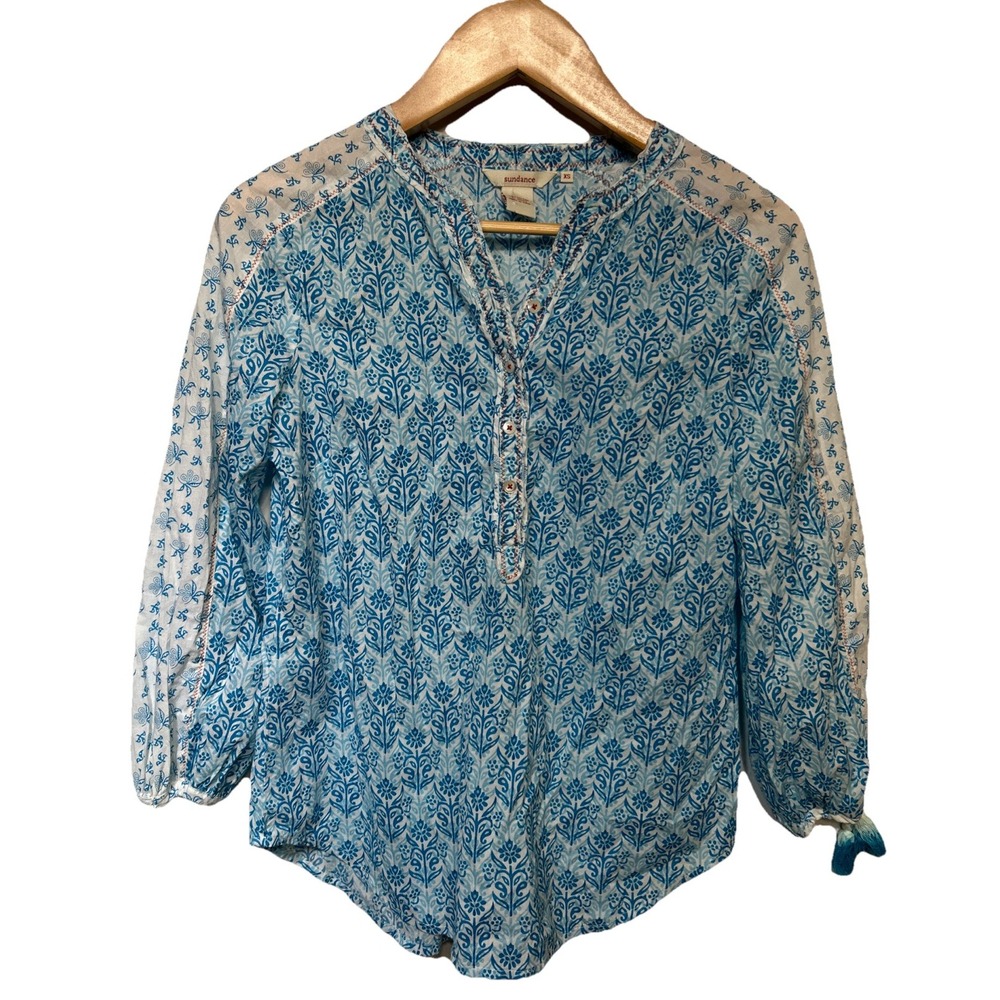 Sundance Henley Tassel Sleeve Blouse Blue Floral Print Women's Size XS EUC